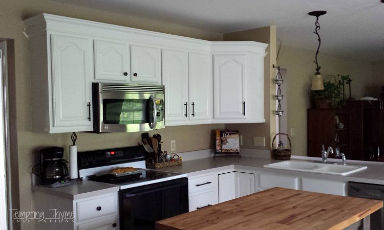  Here is a shot of one wall of our kitchen before I started painting the cabinets.