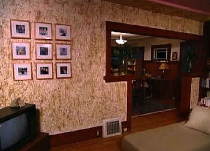 Wacky decorating from Trading Spaces. Gluing straw to walls.