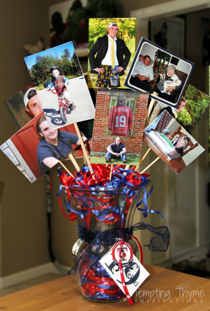 Using photographs in your centerpiece is a great idea for graduation parties!