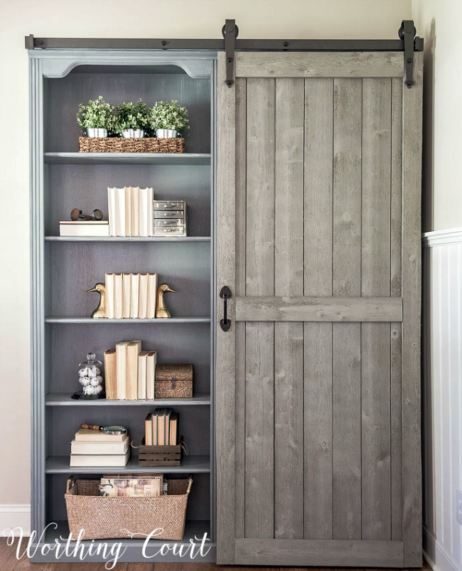 Bookcase makeover using barn doors